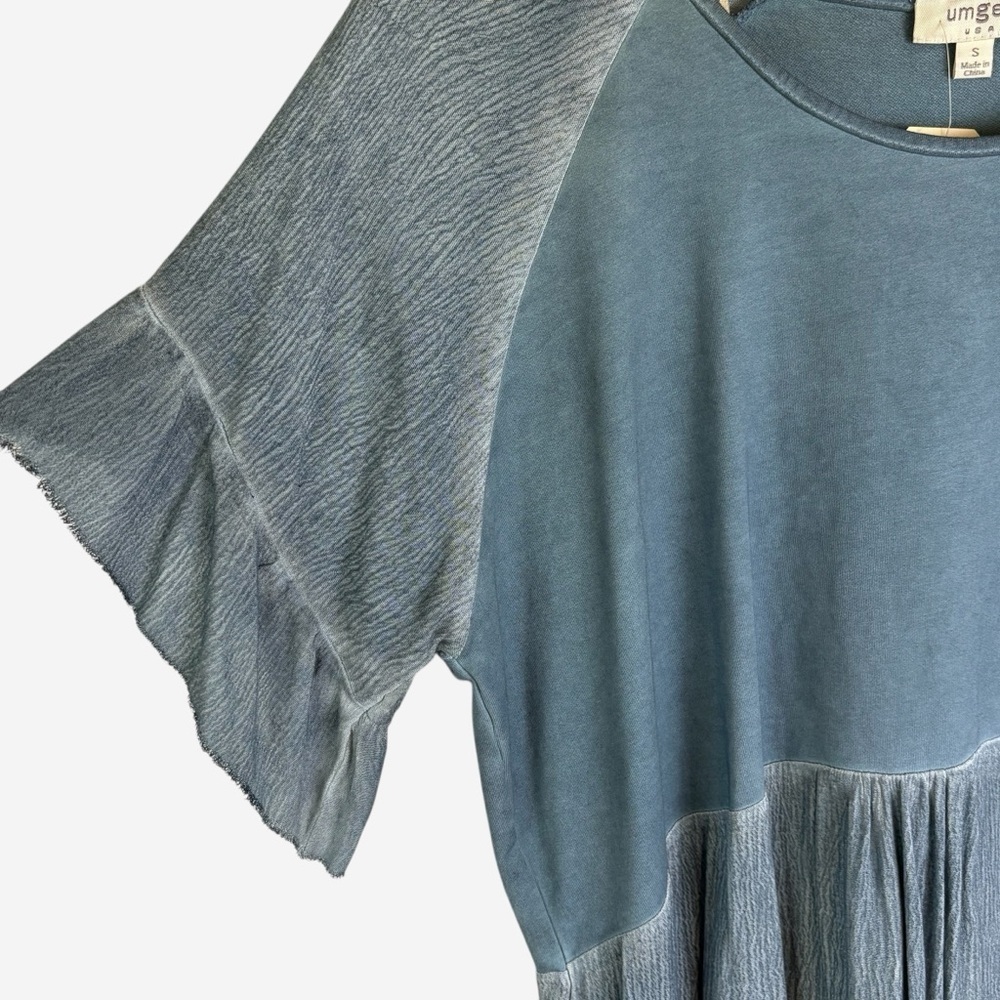 NEW Umgee Ruffle Sleeve Babydoll Shift Dress • Size S • Cotton Blend Washed Blue - Picture 3 of 10